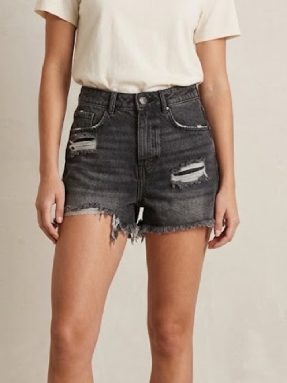 Zara Black Distressed High Rise Button Fly Shorts 0